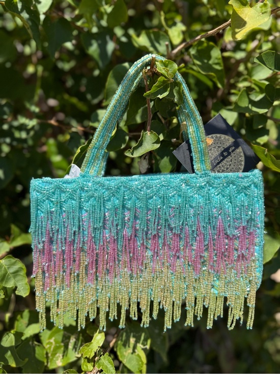 T.J.Maxx Handbags - NWT Made in India Beaded Fringe Tassels Draped Blue Teal Purple Green Beaded Bag